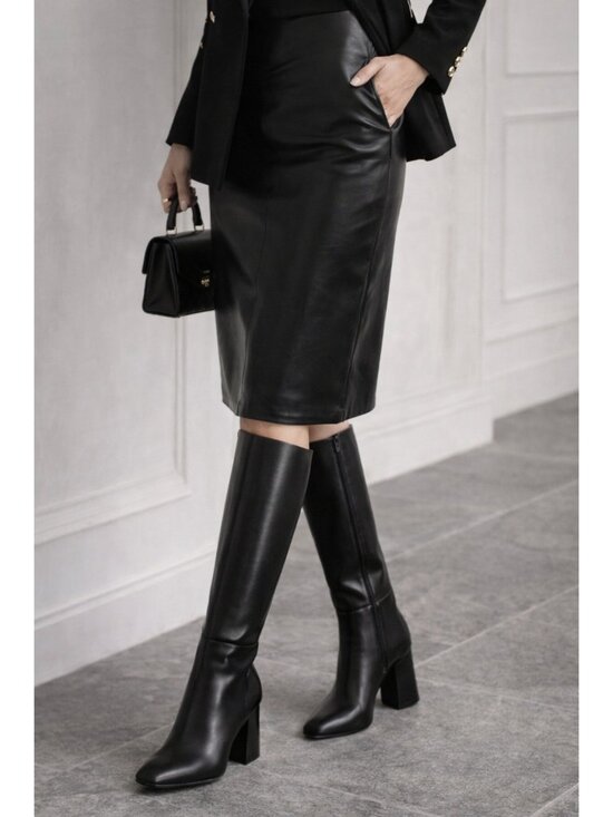 Paige Shoes - Paige Black Leather Knee High Boots Block Heel Minimalist Tall Zip Riding Boots